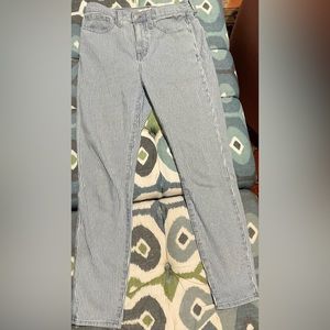 Madewell pin stripe high-rise skinny jeans.